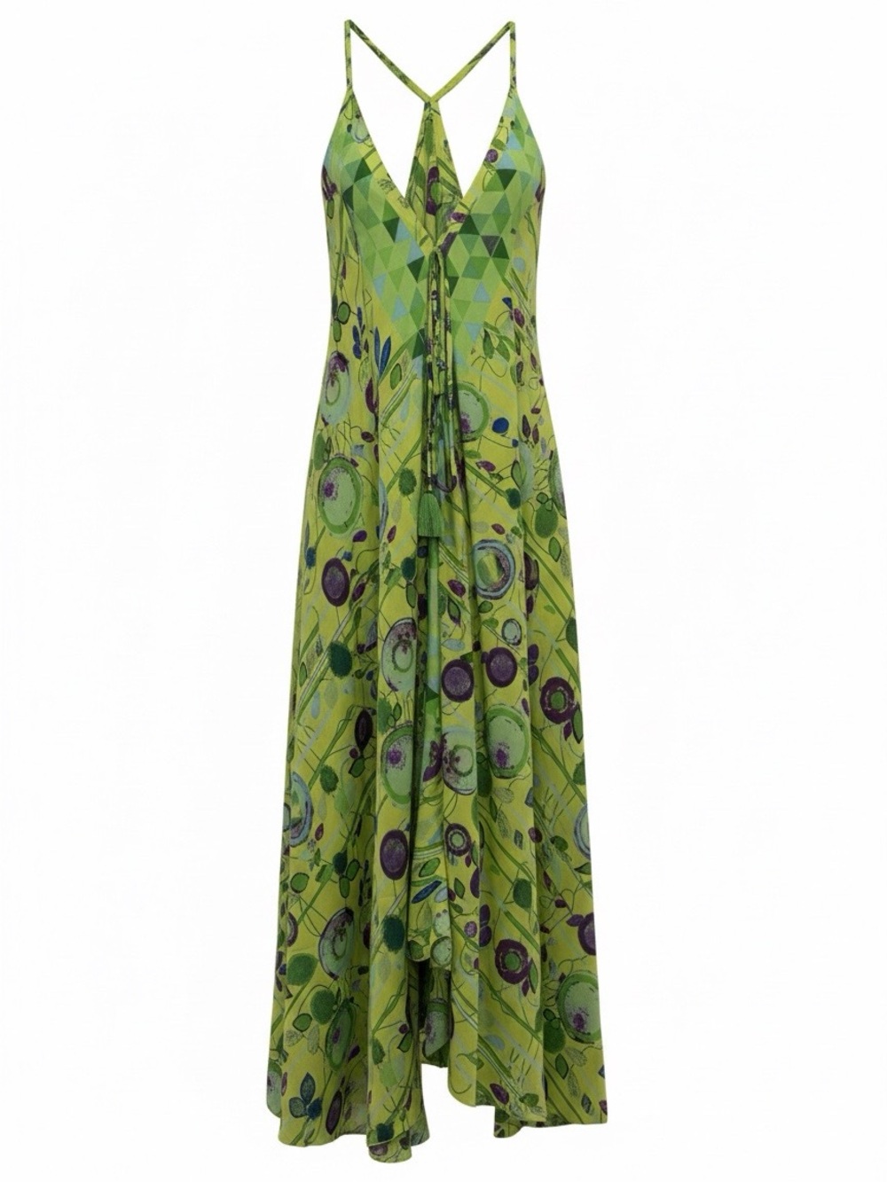 Marila Italian Green Print Maxi Dress with V-Neck and Spaghetti Straps
